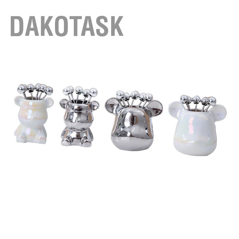 dakotask-โถเก็บส้อมผลไม้รูปสัตว์น่ารักโถใส่ส้อมเซรามิกพร้อมส้อมผลไม้สแตนเลส-6-ชิ้นสำหรับครัวในบ้าน