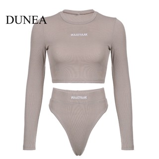 Dunea เสื้อยืด คอกลม ปักลายโมโนแกรม และกางเกงขาสั้น เซ็กซี่ สําหรับผู้หญิง