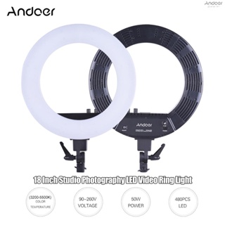 Andoer ไฟวงแหวน LED 18 นิ้ว 50W ปรับความสว่างได้ 3200K-5500K พร้อมฐานวางสมาร์ทโฟน สําหรับถ่ายภาพสตูดิโอ