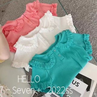 พร้อมส่ง เสื้อยืดแขนสั้น คอปก แต่งลูกไม้ สีมาการอง แฟชั่นฤดูร้อน สไตล์เกาหลี และญี่ปุ่น สําหรับเด็กผู้หญิง 2023