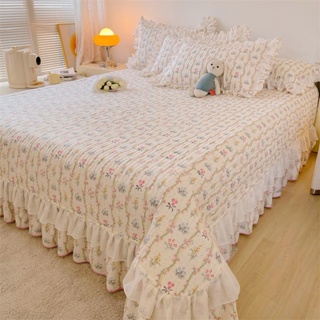 ผ้าคลุมเตียง ผ้าฝ้าย 100% พิมพ์ลายดอกไม้ ลูกไม้ สองชั้น อเนกประสงค์ สําหรับเตียง ควีนไซซ์ คิงไซซ์ 1 ชิ้น