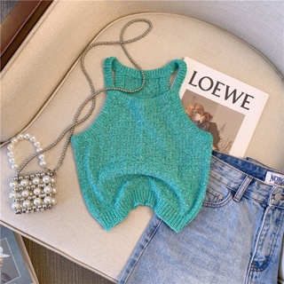 French neck-hanging knitted sling vest female summer design sense of a minority pure desire to wear a spicy girls short top trend
