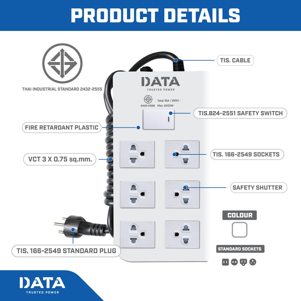 ส่งฟรี-data-ปลั๊กไฟ-6ช่อง-1สวิทช์-dt6118