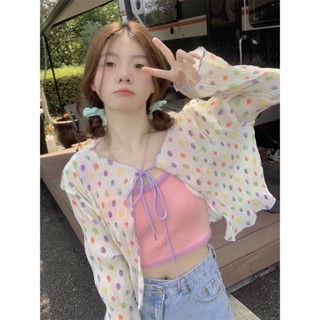 เสื้อแจ็กเก็ตแขนยาว ผ้าชีฟอง แบบบาง กันแดด ลายจุด สีสันสดใส สไตล์เรโทร สําหรับผู้หญิง