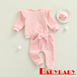 Babybaby- เสื้อคอกลม แขนยาว สีพื้น + กางเกง ประดับโบว์ สําหรับเด็กผู้หญิง 0-24 เดือน 2 ชิ้น
