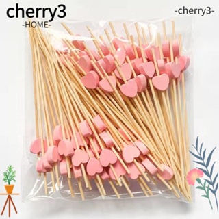 Cherry3 ไม้จิ้มฟันไม้ไผ่ รูปหัวใจ 4.7 นิ้ว แบบใช้แล้วทิ้ง สีชมพู สําหรับค็อกเทล 100 ชิ้น