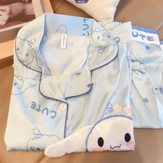 SANRIO ชุดนอนแขนสั้นลําลอง พิมพ์ลายการ์ตูน Cinnamoroll น่ารัก เหมาะกับของขวัญ แฟชั่นฤดูร้อน สําหรับผู้หญิง [BL]