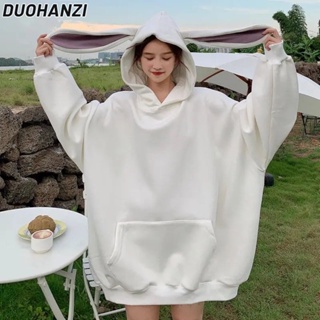 Duohanzi Fashey เสื้อกันหนาว แขนยาว มีฮู้ด ทรงหลวม ลายหูกระต่ายน่ารัก สไตล์เกาหลี ตะวันตก ฤดูใบไม้ร่วง