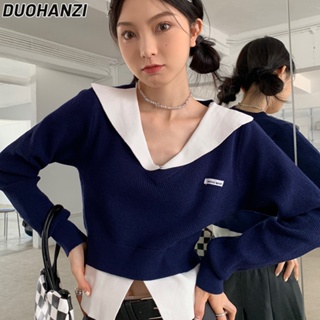 Duohanzi เสื้อยืดแขนยาว คอวี สองชิ้น สไตล์เกาหลี สําหรับผู้หญิง