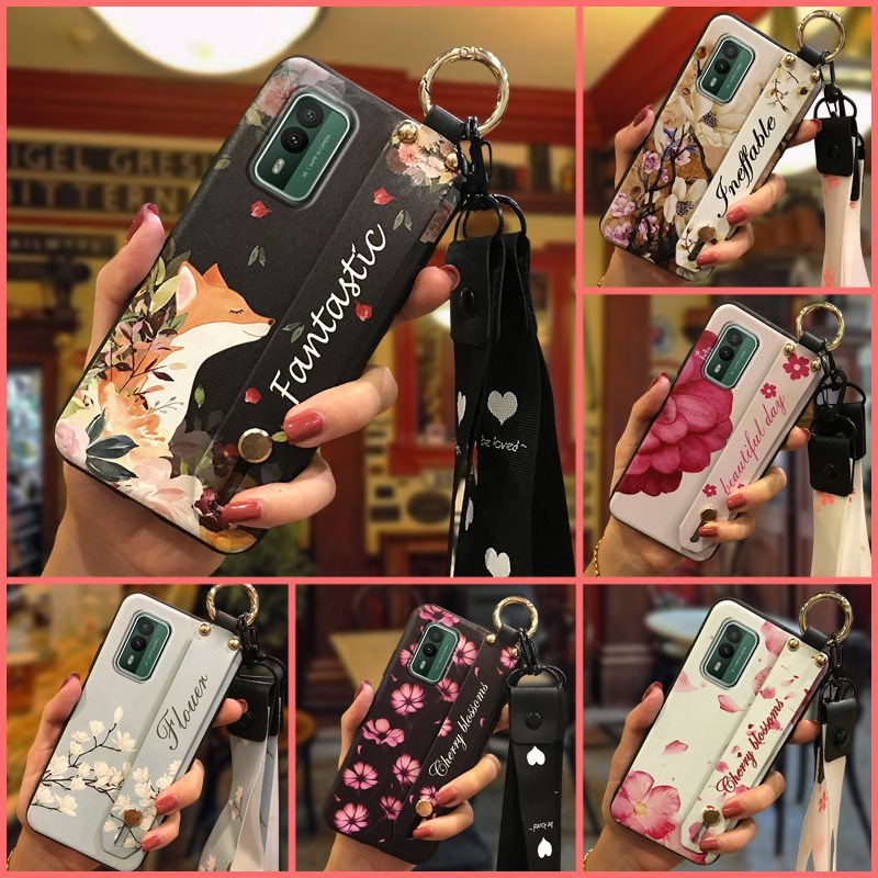 shockproof-flower-phone-case-for-nokia-xr21-kickstand-protective-silicone-durable-wristband-phone-holder-wrist-strap-back-cover