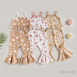 Babygarden-1-5 ปี ชุดเสื้อผ้าเด็กผู้หญิง, เสื้อสายเดี่ยว แขนกุด พิมพ์ลายดอกไม้ ลําลอง + กางเกงขาบาน ยืดหยุ่น
