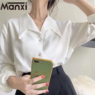 Manxi Manxi สีขาวเสื้อใส่ทำงาน เสื้อคอฟิต สไตล์ฝรั่งเศส 2023 ใหม่ A22K021 0326