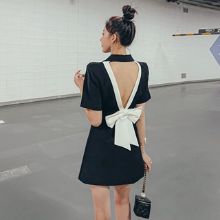 Bow tie design bare-back dress summer new v-collar high-end style minority style suit skirt female a-word short skirt