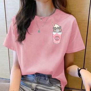 เสื้อยืดคอกลม แขนสั้น พิมพ์ลายดอกกุหลาบ ทรงหลวม สไตล์เกาหลี แฟชั่นสําหรับผู้หญิง