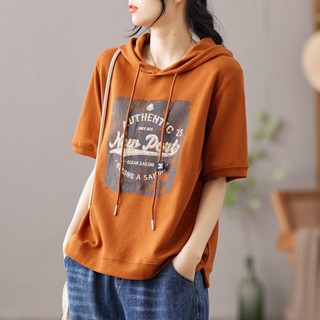 เสื้อยืดลําลอง ผ้าฝ้าย 100% มีฮู้ด พิมพ์ลาย ทรงหลวม เหมาะกับฤดูร้อน สําหรับสตรี ไซซ์ M - 4XL