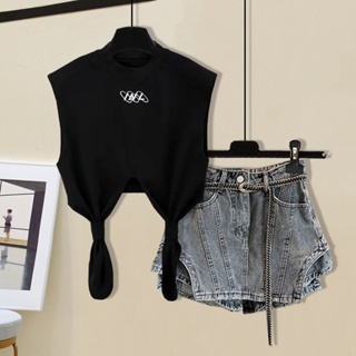 Chic design Spice Girl Summer style double braid kink sleeveless T-shirt blouse + denim skirt two sets