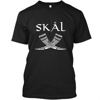 TOP CTเสื้อยืดผ้าฝ้ายพิมพ์ลายแฟชั่น เสื้อยืด พิมพ์ลาย Skal Skol Cheers Viking Drinking Horn Be สไตล์คลาสสิก สําหรับผู้ชา