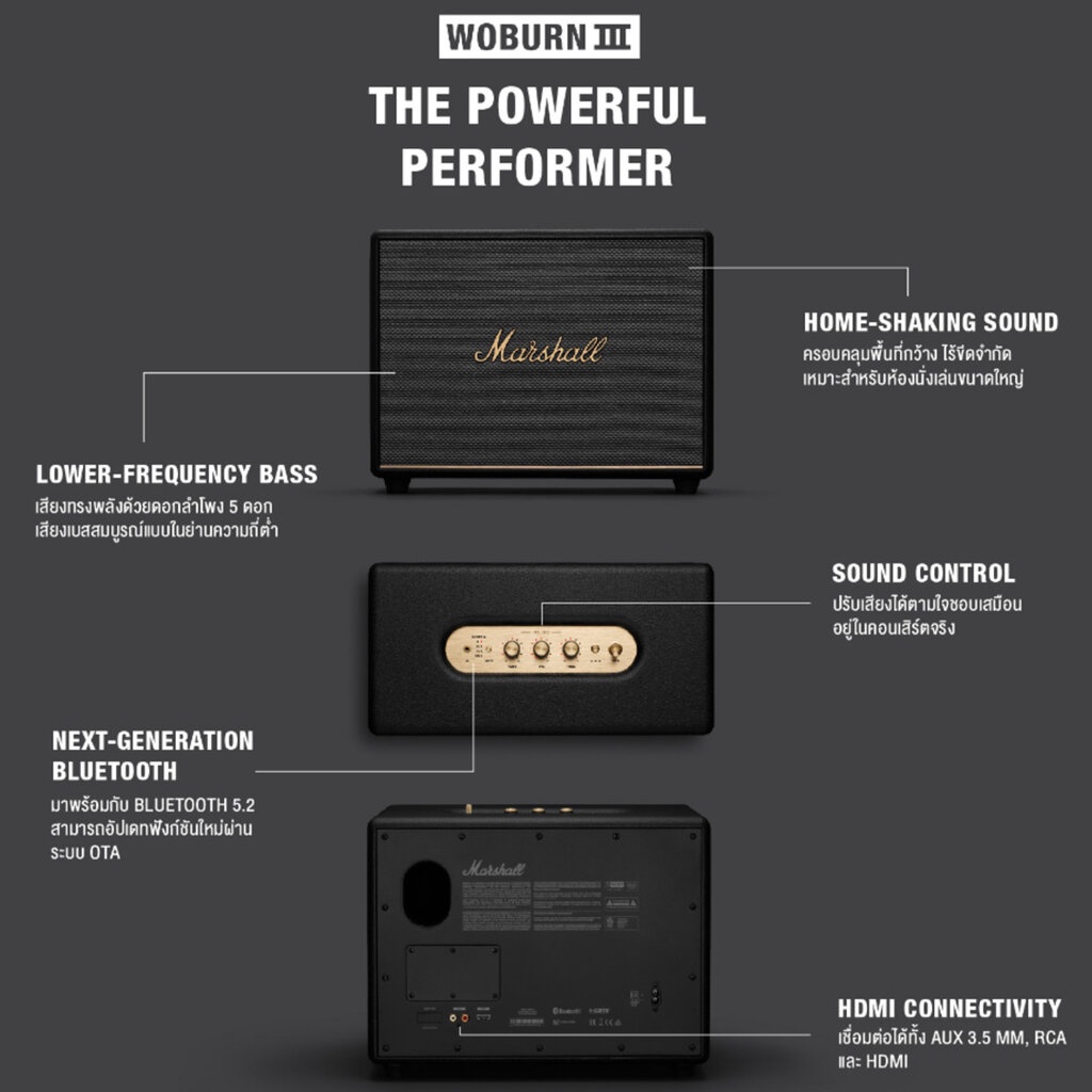 ประกันศูนย์ไทย-1-ปี-marshall-woburn-iii-black-amp-brass-เสียบปลั๊กใช้งาน-bluetooth-speaker-ลำโพงมาแชล-ลำโพงบลูทูธ