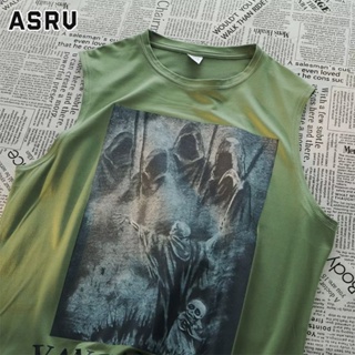 ASRV เสื้อกั๊กผู้ชายวรรณกรรมเยาวชนยอดนิยมใหม่ฮาราจูกุคอกลมพิมพ์ลายหลวมสไตล์ญี่ปุ่นเทรนด์เท่