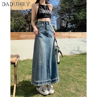 DaDuHey🎈 2023 Korean Style New A-Line Retro Denim Skirt Womens Summer High Waist Hip Skirt Straight Loose Mid-Length Skirt