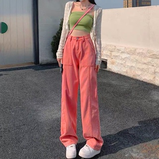 Ann กางเกงยีนส์แฟชั่นเกาหลี กางเกงยีนส์ขากระบอก เอวสูง เนื้อผ้าดี ทรงสวย สีพีชเข้มน่ารักมากๆ สินค้างานคุณภาพ #8506