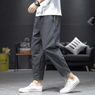 Spot vertical striped nine-cent trousers for mens summer thin linen trousers Japanese large-size casual trousers loose straight striped Harlan pants for boys to wear