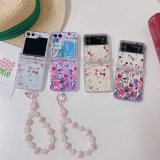 เคสโทรศัพท์มือถือแบบแข็ง กันกระแทก ลายดอกไม้ หัวใจน่ารัก พร้อมสายโซ่คล้อง สําหรับ Samsung Galaxy Z Flip 5 5G 3in1 Z Flip 3 Flip 4