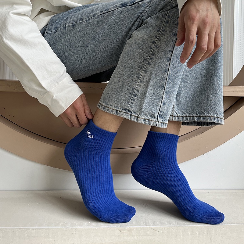 ถุงเท้าผ้าฝ้ายสีทึบของผู้ชาย-ถุงเท้ากีฬาตาข่าย-ดูดซับเหงื่อและระบายอากาศได้ดี