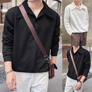 เสื้อคอปกผู้ชาย เสื้อเชิ้ตโปโล แขนยาว ทรงหลวม แบบเรียบ ลําลอง แฟชั่นสไตล์เกาหลี สําหรับผู้ชาย เสื้อโปโลชาย