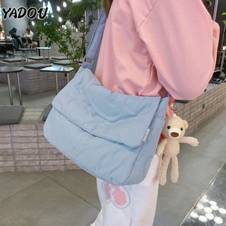 YADOU เสื้อผ้าฝ้ายสไตล์ญี่ปุ่นขี้เกียจกระเป๋าสะพายข้างความจุขนาดใหญ่กระเป๋าสะพายสีทึบ