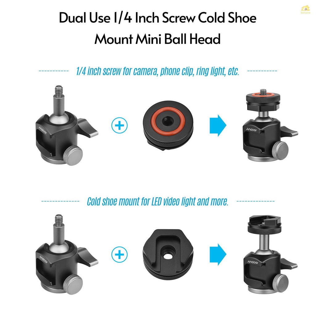 banana-pie-andoer-2-in-1-360-องศา-หัวบอล-ขนาดเล็ก-หมุนได้-พร้อมสกรูเมาท์โคลด์ชู-1-4-สําหรับขาตั้งกล้องโทรศัพท์มือถือ-ไมโครโฟน