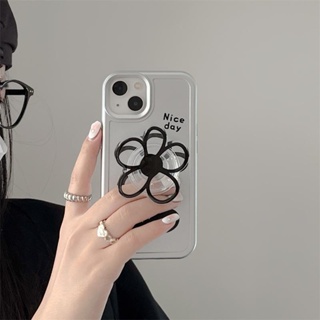 Simple Silver Bottom Black Flower Bracket Phone Case for Iphone14proMax Phone Case for iphone 11 Soft Case 13 All Inclusive