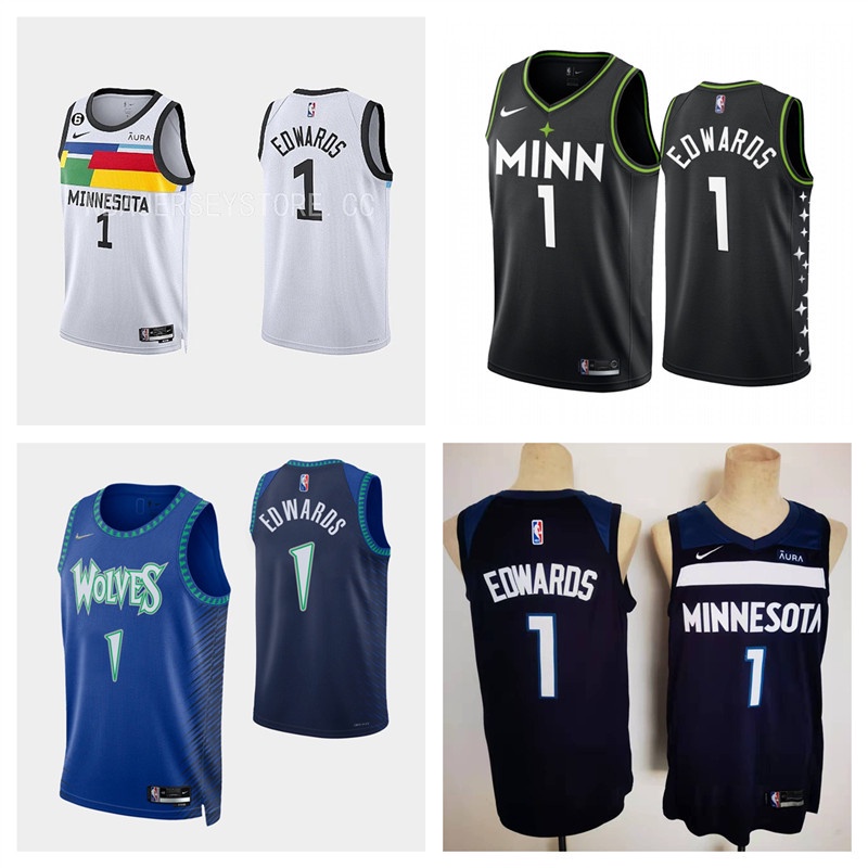 minnesota-timberwolves-1-anthony-edwards-เสื้อบาสเก็ตบอลสีดำของผู้ชายสั้น-เสื้อยืดกีฬา