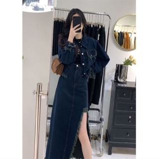 🔥 Hot sale~ชุดเดรสยีนส์สไตล์ชาแนล2023สไตล์ฮ่องกงความรู้สึกระดับไฮเอนด์ที่นิยมในโลกออนไลน์เสื้อสตรีทชุดสองชิ้นสำหรับผู้ห