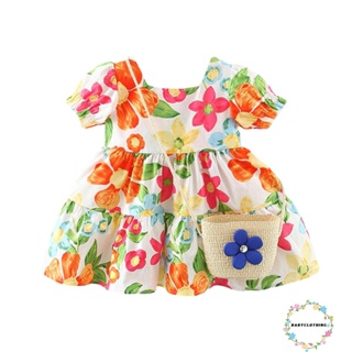 Babyclothes- ชุดเดรสเจ้าหญิง แขนสั้น คอสี่เหลี่ยม พิมพ์ลายดอกไม้ น่ารัก พร้อมกระเป๋าสานฟาง แฟชั่นฤดูร้อน สําหรับเด็กผู้หญิง