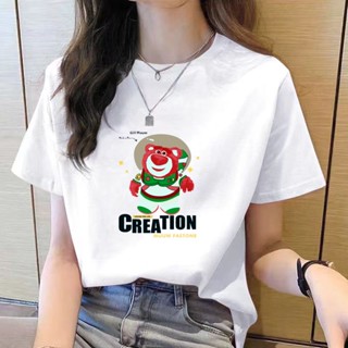 เสื้อยืดคอกลม แขนสั้น พิมพ์ลายการ์ตูน ทรงหลวม สีดํา สไตล์เกาหลี สําหรับผู้หญิง