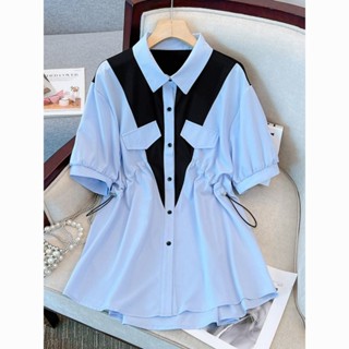 เสื้อเชิ้ตแขนสั้น เข้ารูป ขนาดใหญ่ แฟชั่นสไตล์เกาหลี สําหรับผู้หญิง