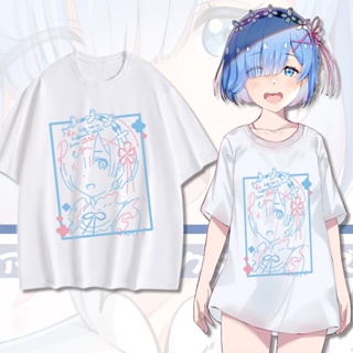 การ์ตูน Re:Zero Rem เสื้อยืดสองมิติเอมิเลียเสื้อผ้าญี่ปุ่นผู้ชายและผู้หญิงอะนิเมะผ้าฝ้ายแขนสั้นฤดูร้อน หล่อ