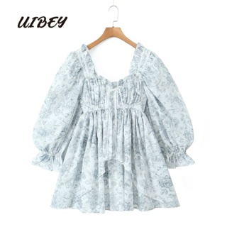 Uibey ชุดเดรสแฟชั่น คอสี่เหลี่ยม พิมพ์ลาย สีเทา 7032