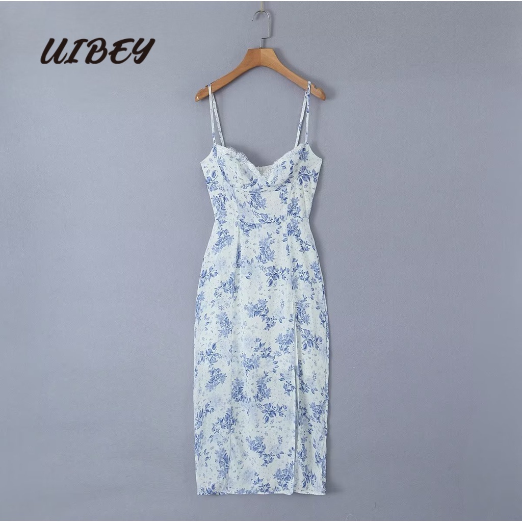 uibey-ชุดเดรส-พิมพ์ลายลูกไม้-สีฟ้าและสีขาว-7017