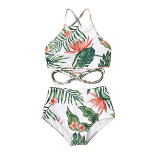 Bikini Floral Printed Girl Back Cross Sleeveless Split Two-piece Swimsuit