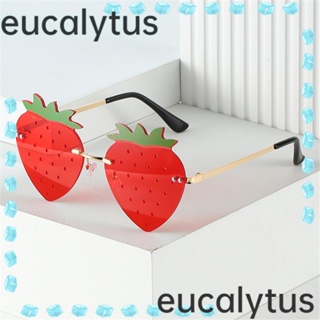 Eucalytus1 แว่นตากันแดด ไร้ขอบ โลหะ ลายสตรอเบอร์รี่ ฮาโลวีน Y2K