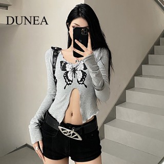 Dunea เสื้อยืดครอป แขนยาว พิมพ์ลายผีเสื้อ เซ็กซี่ สําหรับผู้หญิง