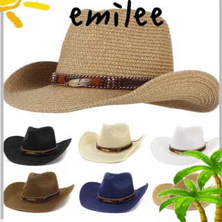 Emilee หมวกฟาง สไตล์คาวบอย ชายหาด กลางแจ้ง แจ๊ส หมวก Fedoras หมวกชายหาด หมวกฟางผู้หญิง