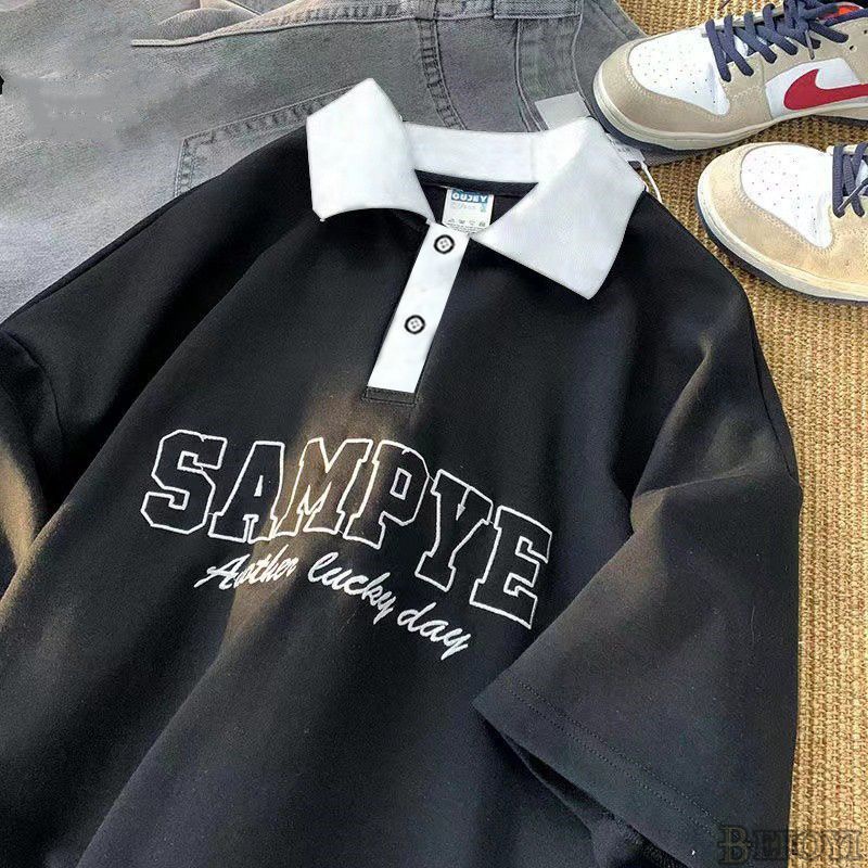 ใหม่-เสื้อโปโลแขนสั้น-คอปก-ทรงหลวม-พิมพ์ลายตัวอักษร-สีดํา-สไตล์เกาหลี-สําหรับผู้ชาย-befoyi-zyq100