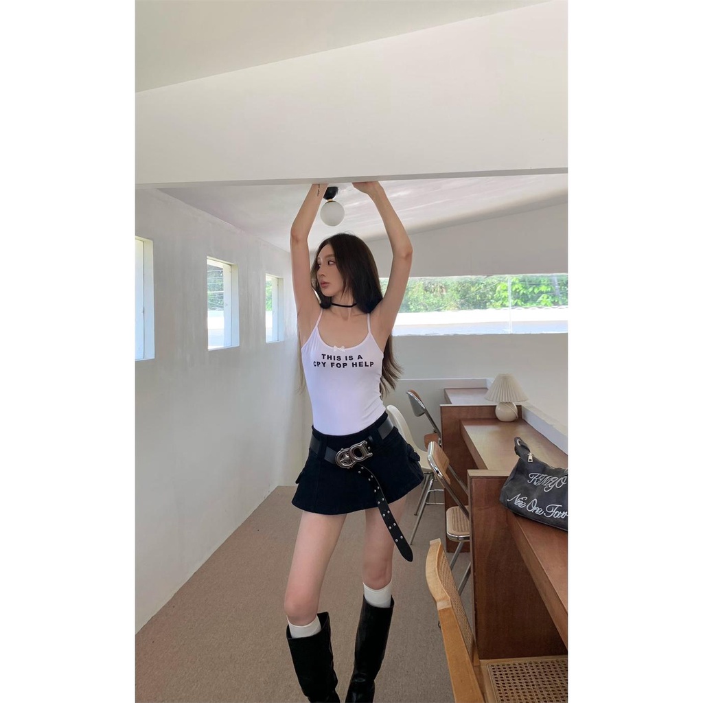 ชุดเสื้อสายเดี่ยว-กระโปรงยีน-เอวสูง-พิมพ์ลายตัวอักษร-สีดํา-แฟชั่นฤดูร้อน-สําหรับเด็กผู้หญิง