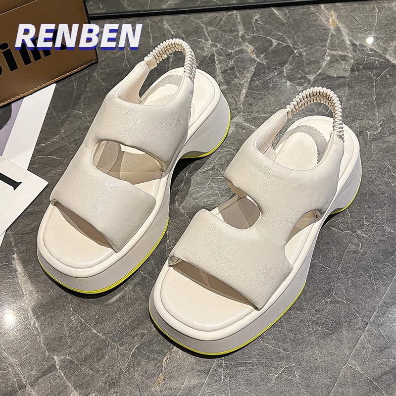 renben-ฤดูร้อนใหม่ผ้ายืดหยุ่นด้านล่างแบนหัวตารางเปิดนิ้วเท้าลำลองมัฟฟินรองเท้าแตะชายหาดด้านล่างหนาของผู้หญิงและรองเท้าแตะส้นเตารีด