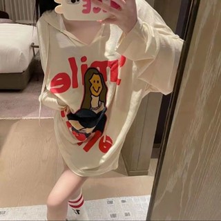 พร้อมส่ง เสื้อยืดแขนยาว มีฮู้ด ทรงหลวม พิมพ์ลาย แฟชั่นฤดูใบไม้ผลิ และฤดูใบไม้ร่วง สําหรับผู้หญิง