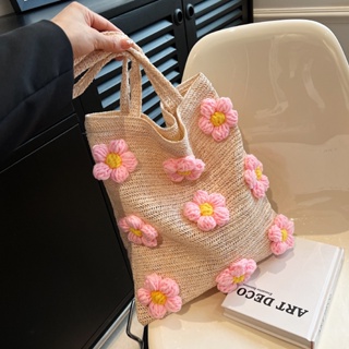 กระเป๋าถือ กระเป๋าสะพายไหล่ แบบสาน ลายดอกไม้ เหมาะกับเดินชายหาด แฟชั่นสําหรับสตรี 2023