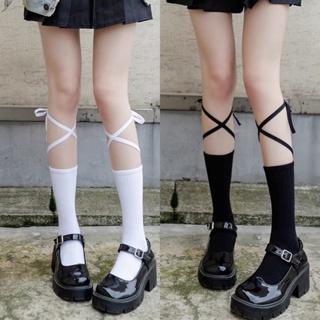 ถุงเท้าสตรีสไตล์เกาหลี ถุงเท้ายาวถึงเข่าญี่ปุ่น JK ดีไซน์แบบผูกเชือก